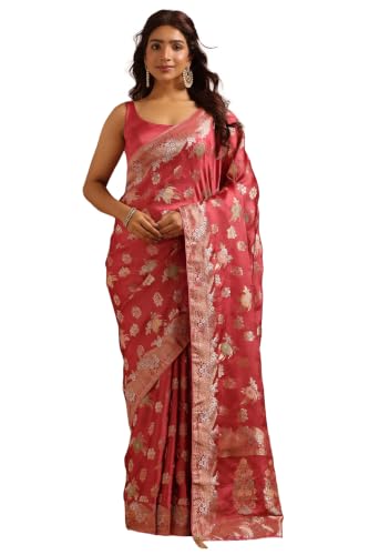 Soch Womens Onion Pink Satin Botanical Zari Woven Saree
