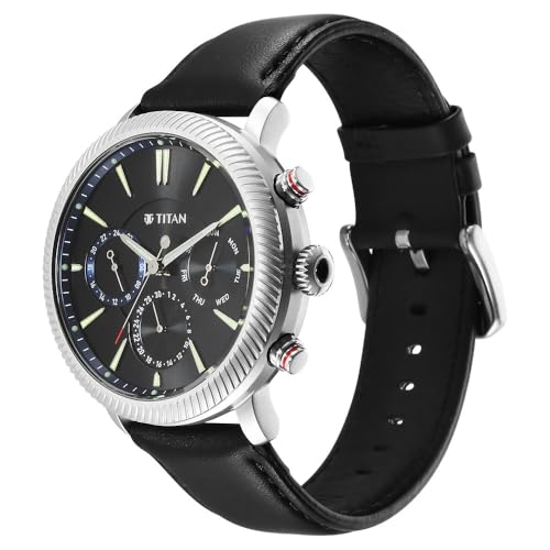 Titan Stellar Quartz Multifunction Black Dial Black Leather Strap Watch for Men - NT10012SL01