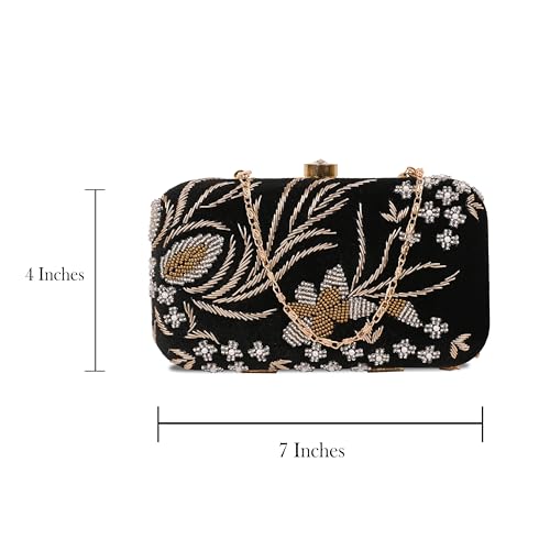 umera black clutch girls and womans party clutch ladies wallet evening bag with round corners work beads and zardozi floral design