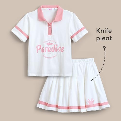 Hopscotch Girls Short Sleeves White Typography Print Skirt Set For Ages (10-12 Years)