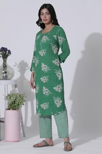 W for Woman Green Floral Printed Straight Kurta, Pants with Dupatta Set_24ONWS10616-123032_3XL