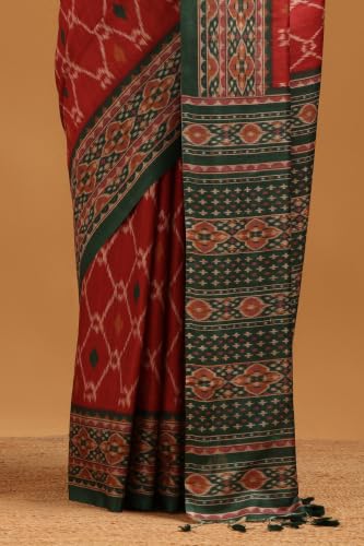 Soch Womens Maroon Tussar Ikat Printed Saree