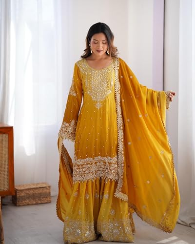 LEELI PEERI DESIGNER Women's Chinon Silk Mustard Embroidery Kurta Sharara Set With Dupatta(45PDM6-XL)