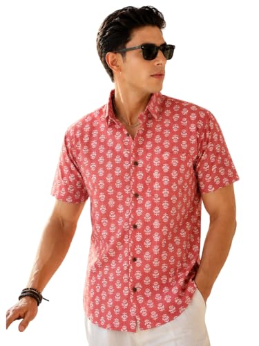 Majestic Man Men's Sanganeri Printed Pure Cotton Casual Shirt | Half Sleeve | Slim Fit | Collared Neck | Stylish Everyday Wear (Peach, XX-Large)