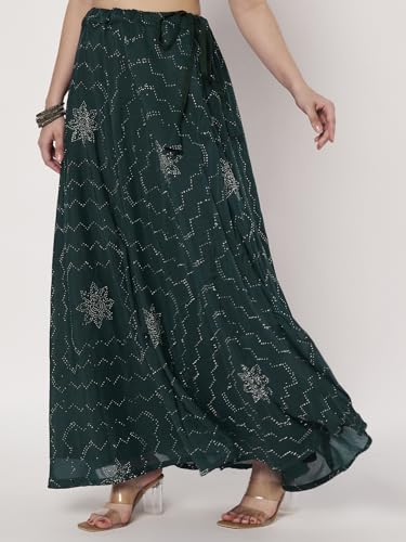 studio rasa Women's Silk Blend Embellished Bias Skirt for Wedding Festive Party (SKTC72517L_Green_Large)