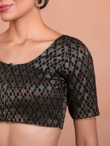 S SALWAR STUDIO Black Brocade Round Neck Readymade Blouse