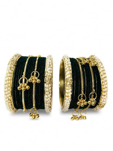 MM JEWELS Kashmiri Velvet Bangles with Gunghro Set And Bangle for Women| Traditional, Fancy Glass Chudi Set for Festival, Wedding, and Party (Set Of 32) (Dark Green, 2.2)