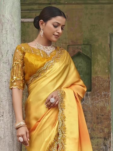 Zeel Clothing Women's Yellow Embellished Embroidered Satin Saree with Blouse (ZURI-1101-Yellow-Sarees-For-Womens, Yellow)