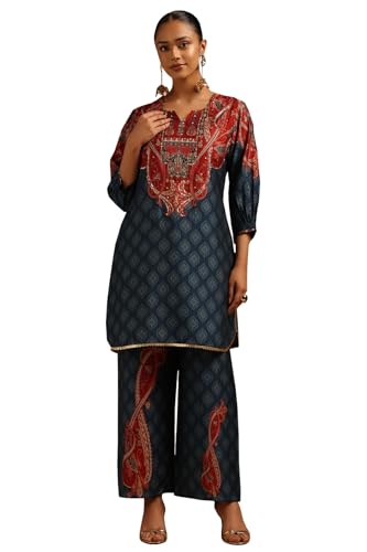 Soch Womens Blue Muslin Ethnic Motifs Co-Ords Set With Sequins