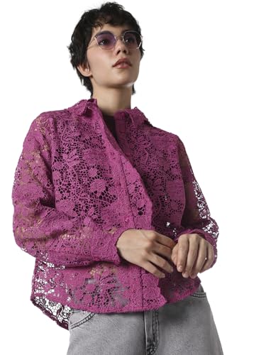 ONLY Women's Self Design Regular Fit Purple Shirt