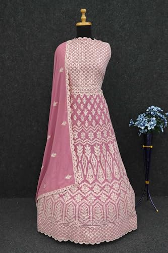 RUDRAPRAYAG Georgette Embroidery Flared Floor Length Anarkali Ethnic Gowns for Women (Semi Stitched) Lavender, Free Size