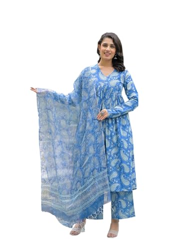 Divena Blue Cotton Paisley Printed Kurta Pant Set With Dupatta
