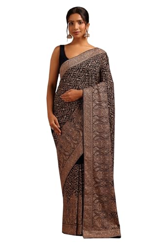Soch Womens Navy Blue Georgette Botanical Saree With Stone Work