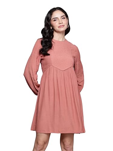 Label RITU KUMAR Round Neck Full Sleeves Solid Short Dress Rust