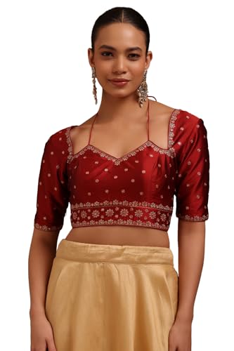 Soch Womens Maroon Tussar Embroidered Padded Blouse with Zari
