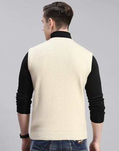 Monte Carlo Mens Beige Solid V Neck Sleeveless Wool Blend Casual Sweater (1230118SL-2638-44)