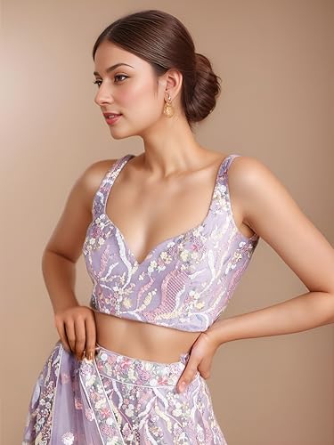 Zeel Clothing Women's Sequins Embroidered Work Soft Net Designer Lehenga Choli With Dupatta (6033-Lavender-Wedding-Lehenga-Choli; Free Size)