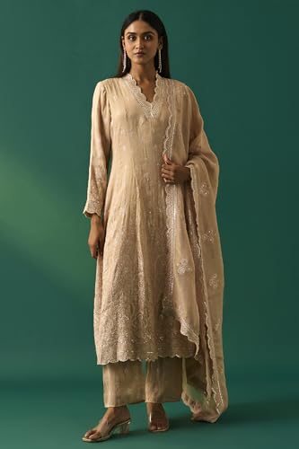 Wishful Women's Beige Embroidered Anarkali Kurta with Straight Pant and Dupatta Set - (SP12866-401193-M)