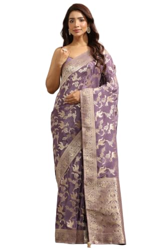 Soch Womens Lavender Crepe Bird Motifs Zari Woven Saree