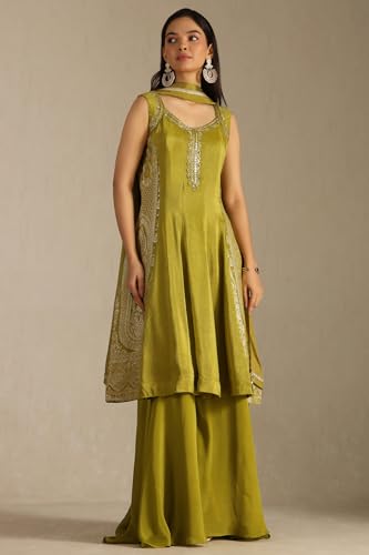 Soch Womens Green Tissue Zari Woven Suit Set With Mirror Work