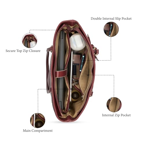 Caprese Lexi Large Laptop Tote Bag for Women | Solid Faux Leather Shoulder Handbag with Zipper Closure | External Eyewear/Sunglass Charm Case | Perfect for Office & Travel Use (Cherry Lacquer)