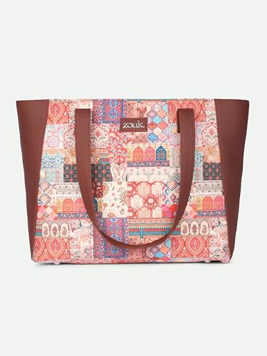 ZOUK Kutch Gamthi Abstract Printed Women Jute Vegan Leather Multicolor Side Tote Bag For Ladies With Double Handle