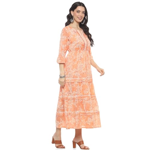 Rangriti Women Cotton Printed Tiered Dress Ankle Length Casual INDIEDRESS19134SS24PCH_Pink