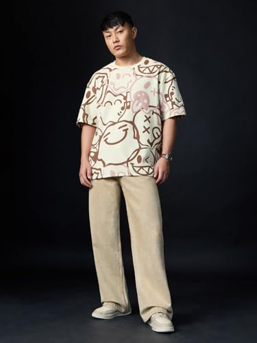 The Souled Store Smiley: All The Feels Men and Boys Short Sleeves Round Neck Off White All Over Printed Casual Lightweight Drop Shoulder Streetwear Trendy Cotton Oversized T-Shirt