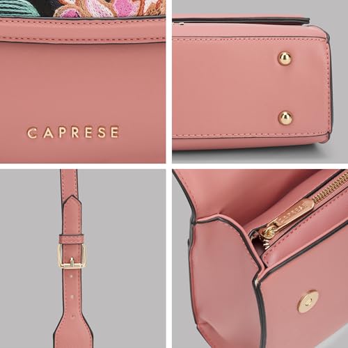 Caprese Elsa Medium Sling Bag for Women with Adjustable & Detachable Strap | Embroidered & Solid Faux Leather Crossbody Purse | Multi-Compartment Handheld Bag for Special Occasions (Cosmetic Pink)