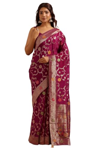 Soch Womens Wine Crepe Botanical Zari Woven Saree