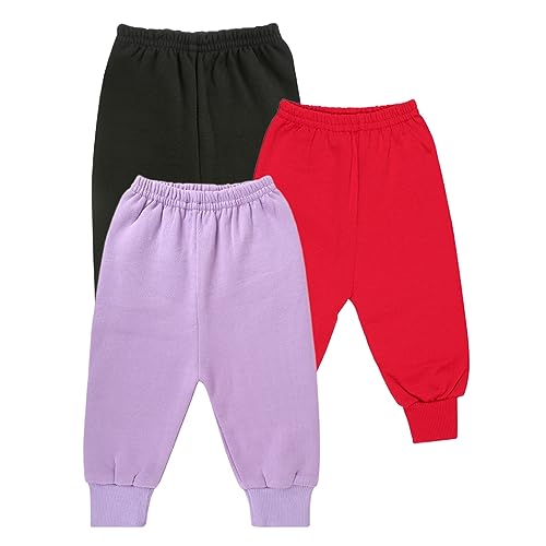 CLAP Unisex Baby Winter Warm Pants Kids Fleece Pajamas Leggings Set of 3 (3-4 Years, Purple Black Red)