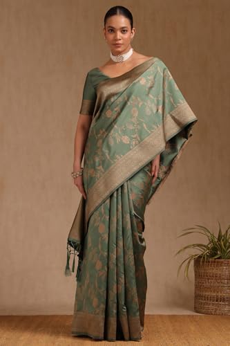 Soch Womens Sap Green Tussar Floral Print Saree