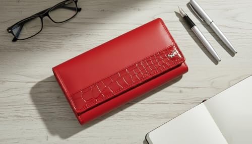 Calfnero Women's Genuine Leather Wallet-Long Purse Wallet with Multiple Card Slots, Zip Pocket and Note Compartment (Red)