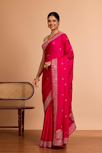 Taneira Women Pink Viscose Satin Embroidered Saree With Unstitched Blouse Piece (SAPP09AC5305-Pink)