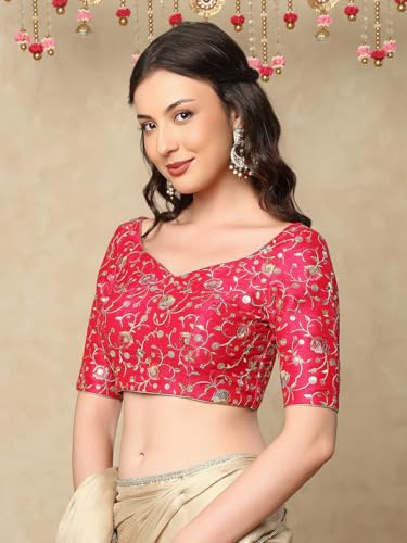 S SALWAR STUDIO Pink Silk Embroidered Sweetheart Neck Readymade Saree Blouse