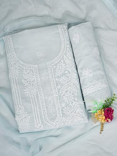 Ada Hand Embroidered Lucknowi Chikankari Unstitched Cotton Dress Material Suit Piece with Dupatta for Women 01A871569 Sky Blue