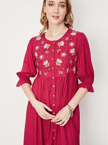 Max Women Embroidered Fit & Flare Midi Dress (EMBDRS33008RED)_XL