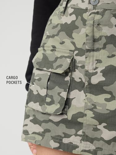 The Souled Store: Desert Olive Women Elastic Back Waistband Camouflage Print Cotton Twill Regular Fit Functional Cargo Pockets Breathable Skirt