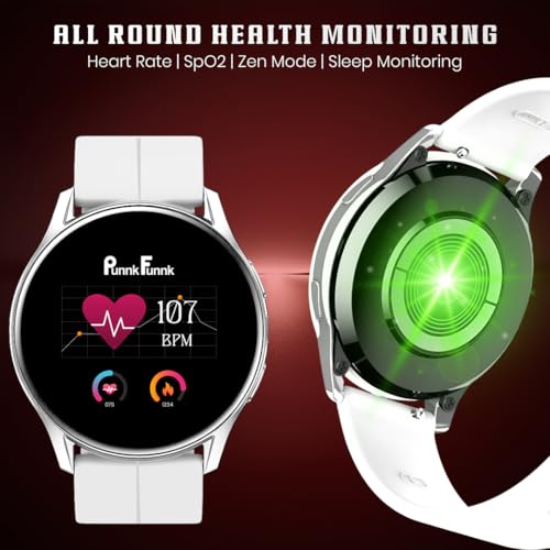 PunnkFunnk Active 5 Smart Watch with 1.3” AMOLED HD Display | Bluetooth Calling, AI Voice Assistant, 100+ Sports Modes, Heart Rate & SPO₂ Tracking, IP68 Waterproof for Men & Women- (White)