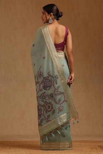 Soch Womens Turquoise Blue Chanderi Woven Design Saree