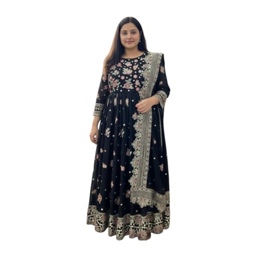 styledaura Embroidered Anarkali Gown with Dupatta and Pant | Floral Georgette Silk Fully Stitched Ethnic Suit for Women | Ethnic Wear Designer Anarkali Dress Set (Size-L, Black)