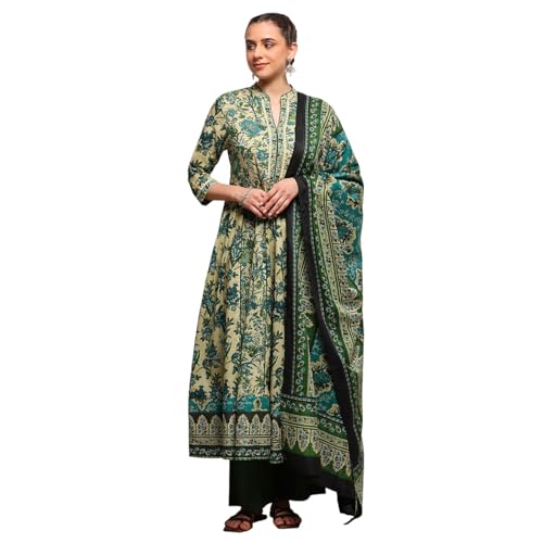 Biba Women Green Cotton Anarkali Printed Suit Set_36