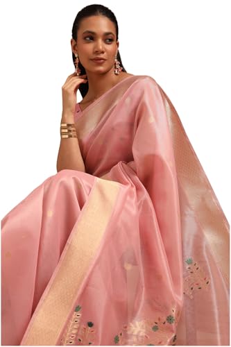 Soch Womens Blush Pink Tissue Zari Woven Saree With Zari Woven