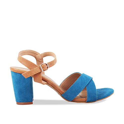 ROCIA Blue Criss Cross Strap Block Heels with Buckle Closure