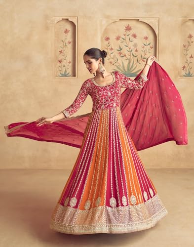 Shampysky Women's Pink Chinon Stitched Gown With Dupatta 3/4 Sleeve Embroidered Anarkali Gown (SSW-1231-Pink-4XL)