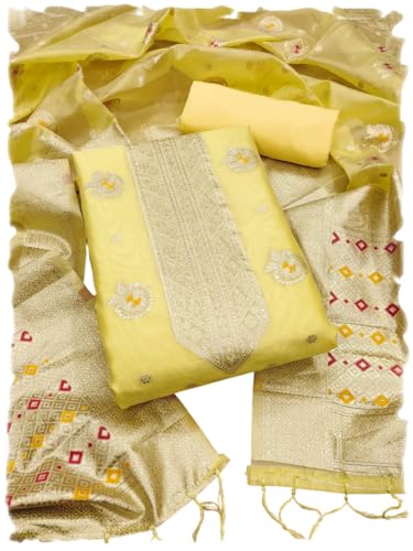 Leeli Peeri Designer Women's Yellow Organza Zari Woven Ethnic Motif Unstitched Dress Material(806PDM4)