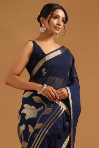 Soch Womens Navy Blue Organza Botanical Zari Woven Saree