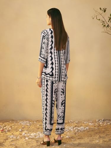 Pinkmint Women's Pure Crepe Black & White Printed Co Ord Set l Fancy Tunic with Straight Pants l Monocharome Ethnic Co Ord Set, Casual & Outdoor Wear (Available in Plus Size)