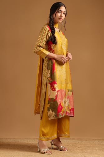 Soch Womens Mustard Dola Silk Botanical Printed Salwar Suit With Beads And Stones