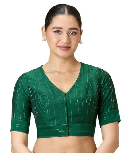 Studio Shringaar Women's Cotton Silk Blended Saree Blouse with Zari Stripes (Green, 46)